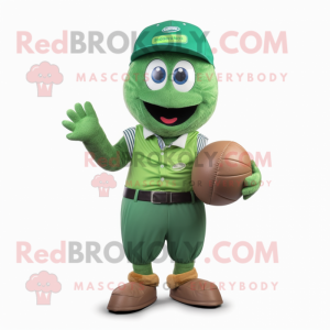 Green Rugby Ball mascot costume character dressed with a Vest and Caps