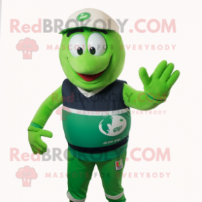 Green Rugby Ball mascot costume character dressed with a Vest and Caps