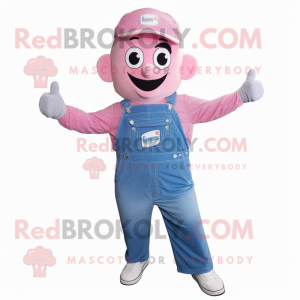Pink Candy mascot costume character dressed with a Denim Shirt and Caps