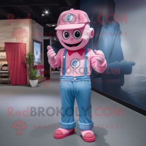 Pink Candy mascot costume character dressed with a Denim Shirt and Caps