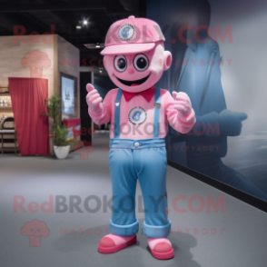 Pink Candy mascot costume character dressed with a Denim Shirt and Caps