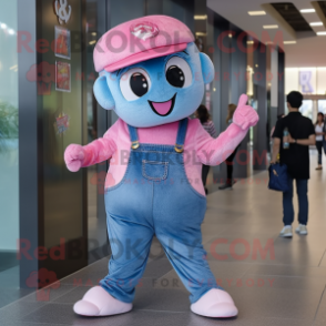 Pink Candy mascot costume character dressed with a Denim Shirt and Caps