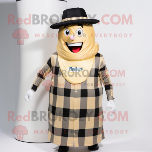 Gold Bottle Of Milk mascot costume character dressed with a Flannel Shirt and Berets