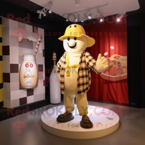 Gold Bottle Of Milk mascot costume character dressed with a Flannel Shirt and Berets