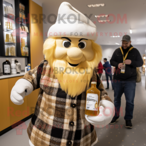 Gold Bottle Of Milk mascot costume character dressed with a Flannel Shirt and Berets