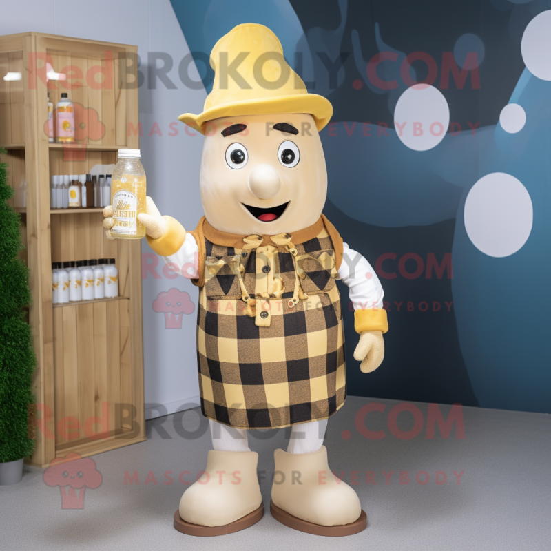 Gold Bottle Of Milk mascot costume character dressed with a Flannel Shirt and Berets Gold Bottle Of Milk mascot costume character dressed with a Flannel Shirt and Berets