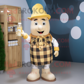 Gold Bottle Of Milk mascot costume character dressed with a Flannel Shirt and Berets