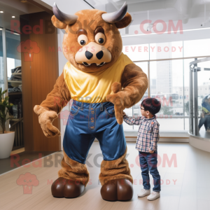 Gold Minotaur mascot costume character dressed with a Mom Jeans and Pocket squares