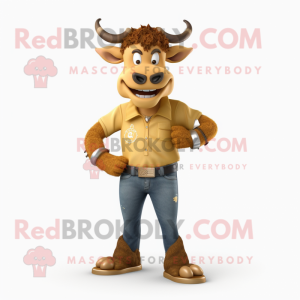 Gold Minotaur mascot costume character dressed with a Mom Jeans and Pocket squares