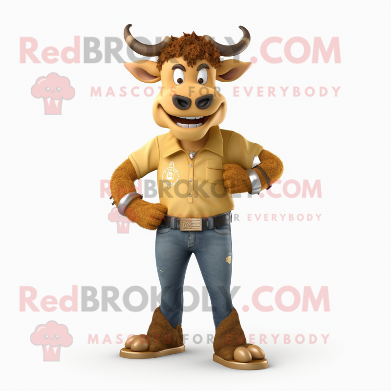 Gold Minotaur mascot costume character dressed with a Mom Jeans and Pocket squares Gold Minotaur mascot costume character dressed with a Mom Jeans and Pocket squares
