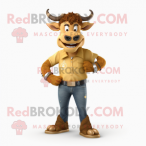 Gold Minotaur mascot costume character dressed with a Mom Jeans and Pocket squares