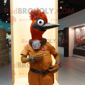 Rust Woodpecker mascot costume character dressed with a T-Shirt and Bracelet watches
