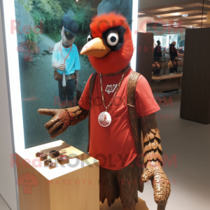 Rust Woodpecker mascot costume character dressed with a T-Shirt and Bracelet watches