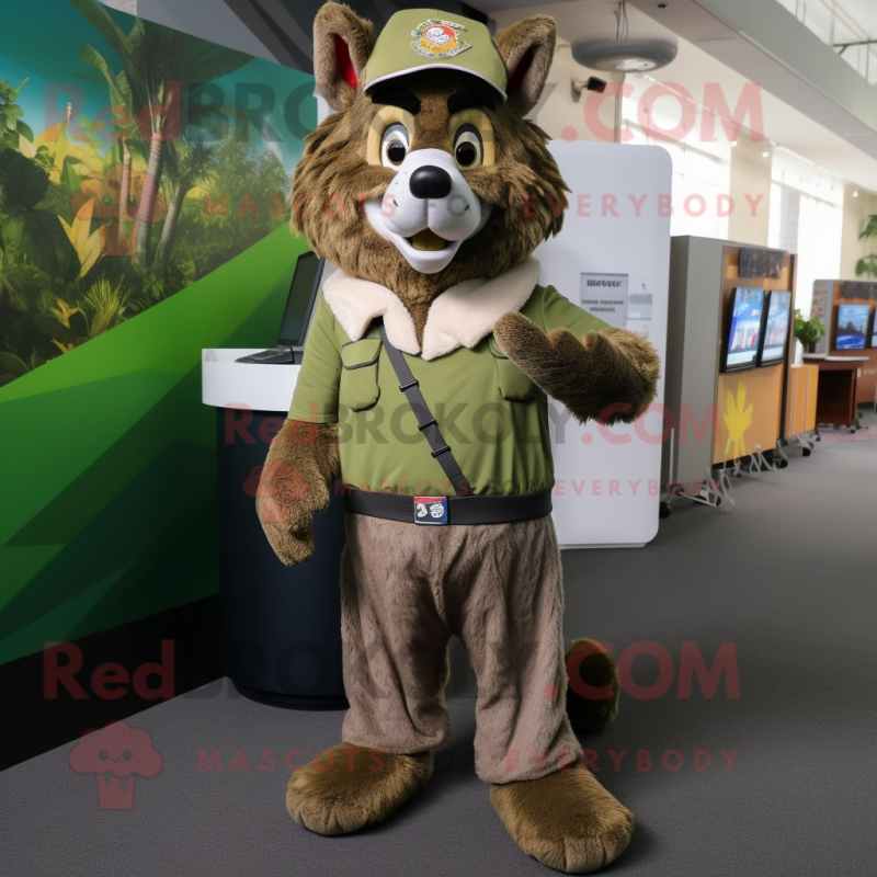 Olive Wolf mascot costume character dressed with a Waistcoat and Foot pads