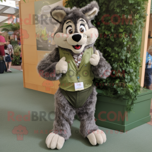Olive Wolf mascot costume character dressed with a Waistcoat and Foot pads