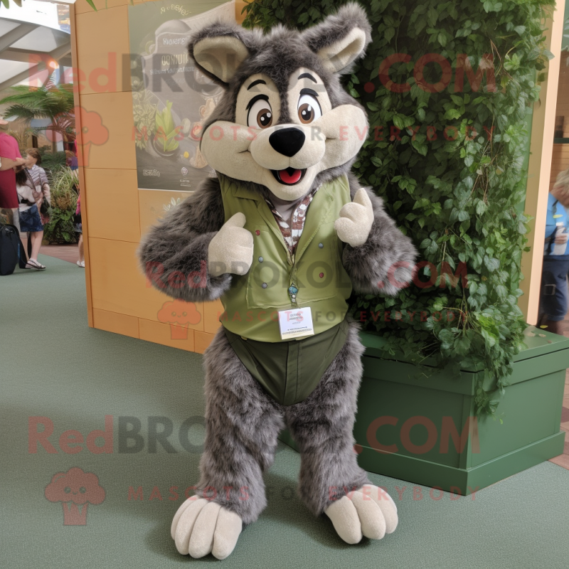 Olive Wolf mascot costume character dressed with a Waistcoat and Foot pads