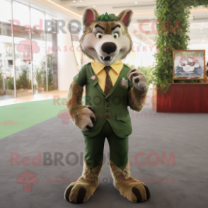 Olive Wolf mascot costume character dressed with a Waistcoat and Foot pads