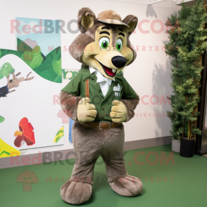 Olive Wolf mascot costume character dressed with a Waistcoat and Foot pads