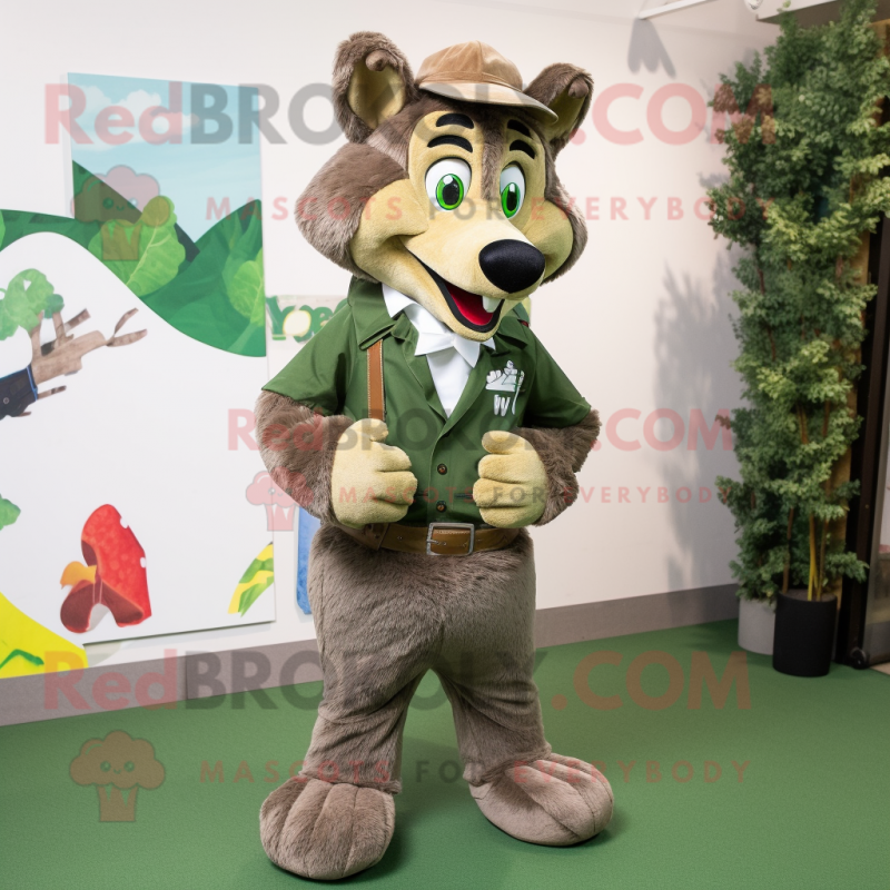 Olive Wolf mascot costume character dressed with a Waistcoat and Foot pads Olive Wolf mascot costume character dressed with a Waistcoat and Foot pads