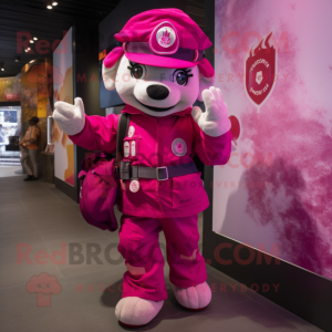 Magenta Fire Fighter mascot costume character dressed with a Parka and Messenger bags