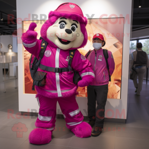 Magenta Fire Fighter mascot costume character dressed with a Parka and Messenger bags