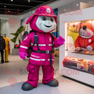 Magenta Fire Fighter mascot costume character dressed with a Parka and Messenger bags