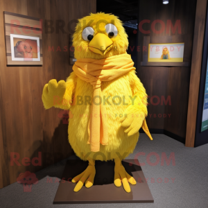 Yellow Canary mascot costume character dressed with a Corduroy Pants and Shawl pins