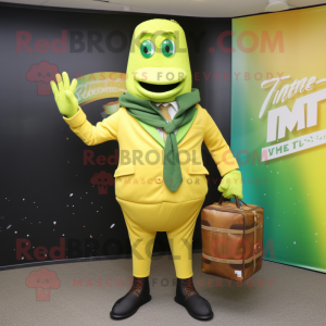 Lime Green Bottle Of Mustard mascot costume character dressed with a Blazer and Briefcases