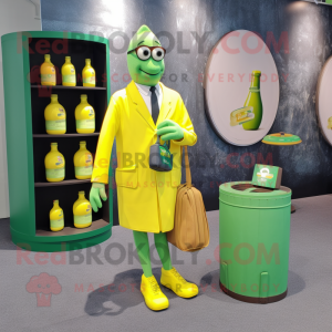 Lime Green Bottle Of Mustard mascot costume character dressed with a Blazer and Briefcases