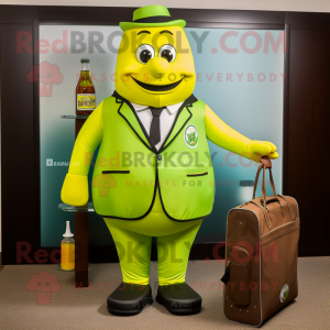 Lime Green Bottle Of Mustard mascot costume character dressed with a Blazer and Briefcases