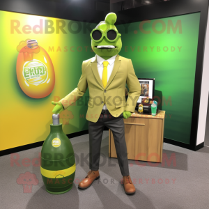 Lime Green Bottle Of Mustard mascot costume character dressed with a Blazer and Briefcases