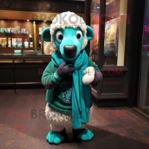 Teal Merino Sheep mascot costume character dressed with a Turtleneck and Scarves