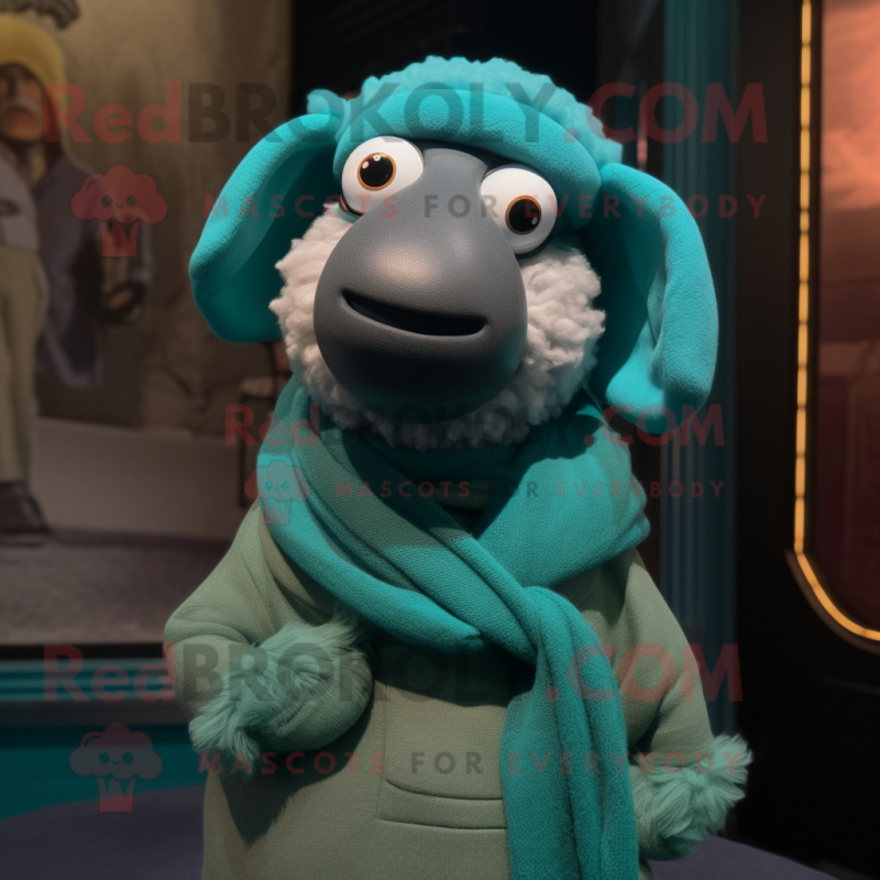 Teal Merino Sheep mascot costume character dressed with a Turtleneck and Scarves