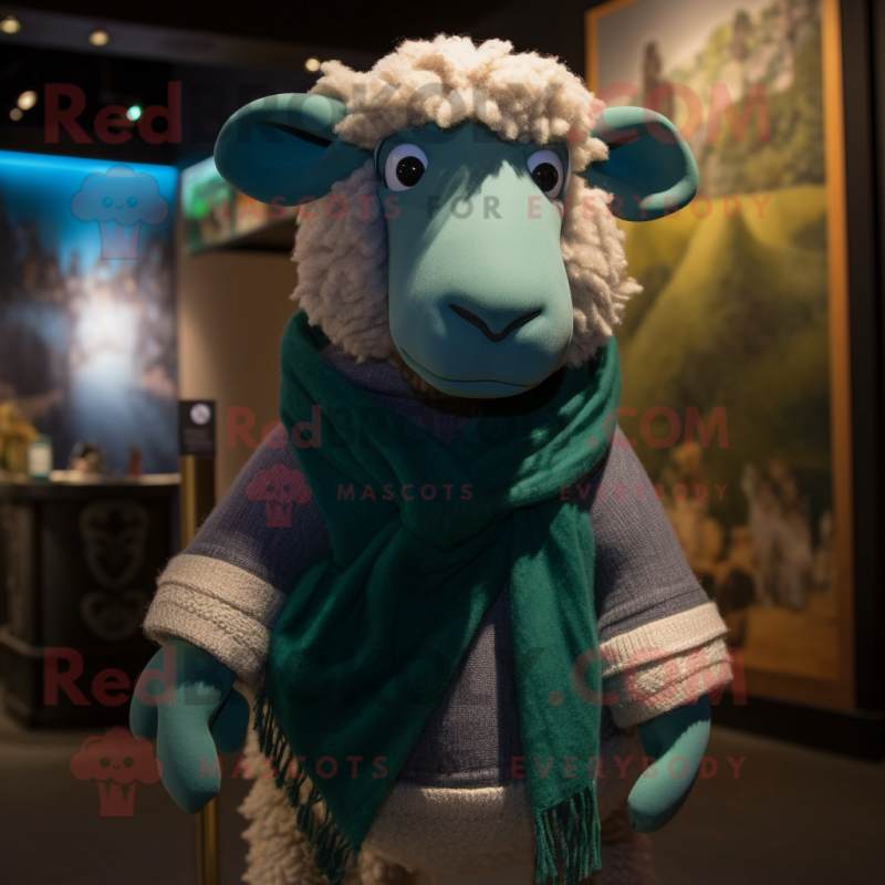 Teal Merino Sheep mascot costume character dressed with a Turtleneck and Scarves