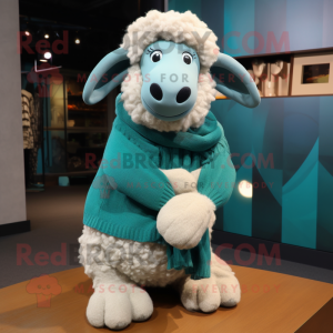 Teal Merino Sheep mascot costume character dressed with a Turtleneck and Scarves