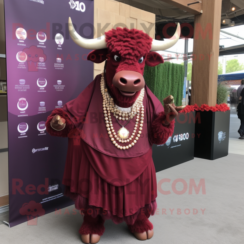 Maroon Beef Stroganoff mascot costume character dressed with a Empire Waist Dress and Necklaces Maroon Beef Stroganoff mascot costume character dressed with a Empire Waist Dress and Necklaces