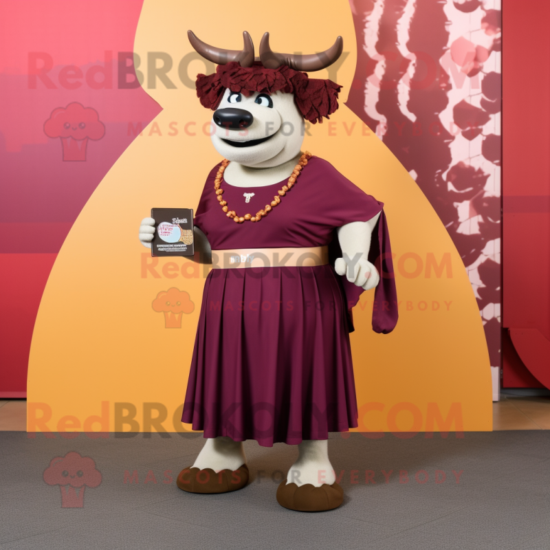 Maroon Beef Stroganoff mascot costume character dressed with a Empire Waist Dress and Necklaces Maroon Beef Stroganoff mascot costume character dressed with a Empire Waist Dress and Necklaces