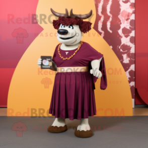 Maroon Beef Stroganoff mascot costume character dressed with a Empire Waist Dress and Necklaces
