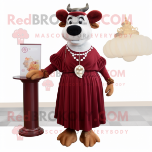 Maroon Beef Stroganoff mascot costume character dressed with a Empire Waist Dress and Necklaces