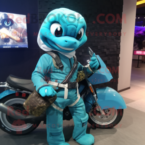 Cyan Python mascot costume character dressed with a Moto Jacket and Messenger bags