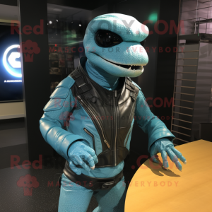 Cyan Python mascot costume character dressed with a Moto Jacket and Messenger bags