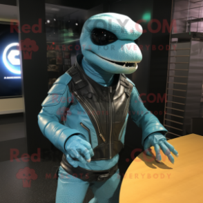 Cyan Python maskot kostym karaktär klädd med en Moto Jacket och Messenger väskor - Python Mascots - RedBrokoly.com