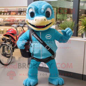 Cyan Python mascot costume character dressed with a Moto Jacket and Messenger bags