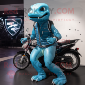 Cyan Python mascot costume character dressed with a Moto Jacket and Messenger bags