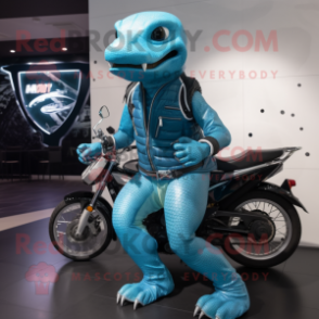 Cyan Python maskot kostym karaktär klädd med en Moto Jacket och Messenger väskor - Python Mascots - RedBrokoly.com