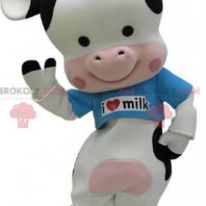 Mascote preto branco e vaca rosa com uma camiseta azul -