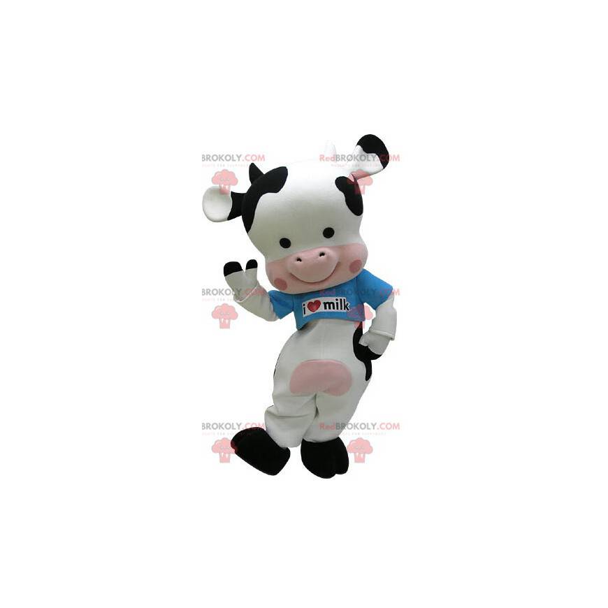 Mascot vaca blanca y rosa negra con una camiseta azul -