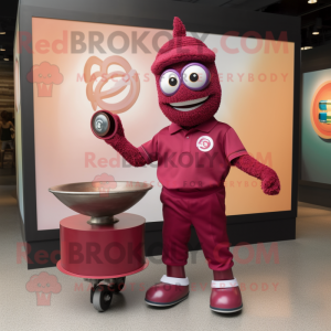 Maroon Plate Spinner mascot costume character dressed with a Polo Tee and Anklets
