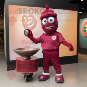 Maroon Plate Spinner mascot costume character dressed with a Polo Tee and Anklets