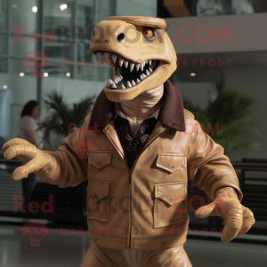 Beige Spinosaurus mascot costume character dressed with a Leather Jacket and Caps